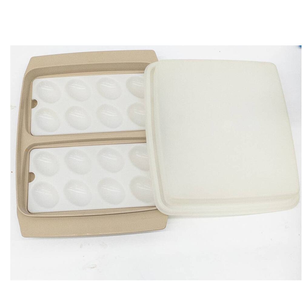 Vintage Tupperware Deviled Egg Carrier Keeper Almond 723-3 4pc Set w/ Lid